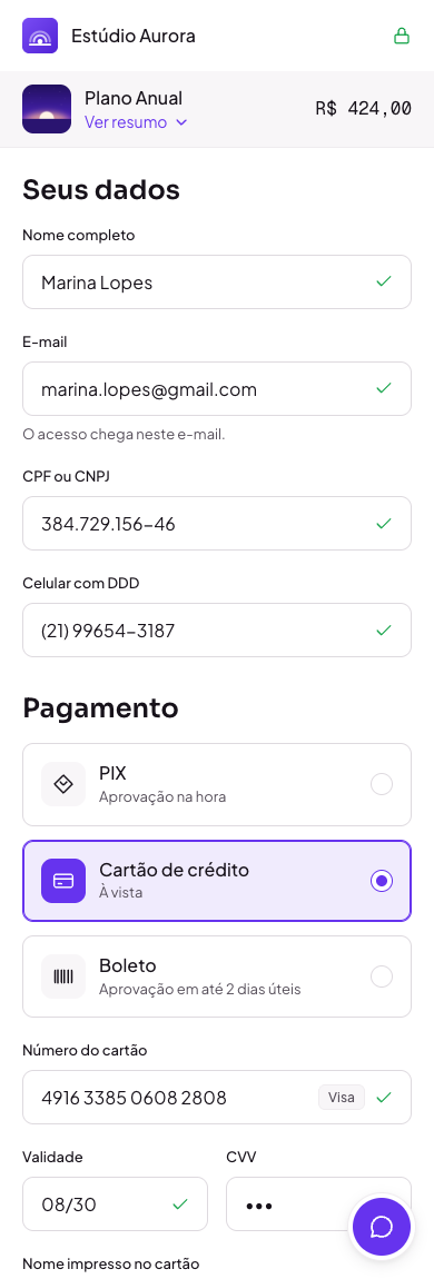 Checkout da Recebbe aberto no celular, com PIX, cartão e boleto