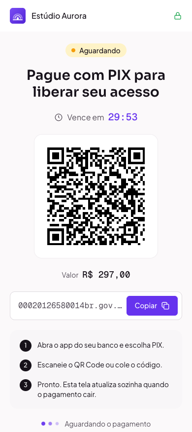 Tela do PIX aguardando pagamento, com QR Code e contagem regressiva
